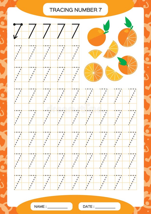 number 7 seven tracing worksheet for kids juicy orange preschool worksheet practicing motor skills tracing stock vector illustration of page number 123701955
