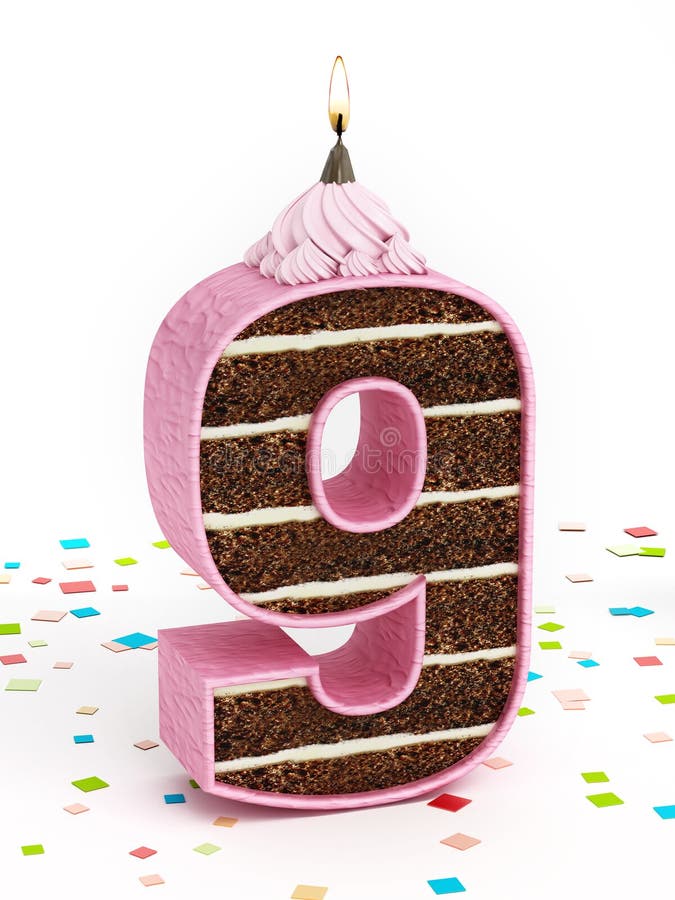 Number 9 Shaped Chocolate Birthday Cake with Lit Candle Stock Image