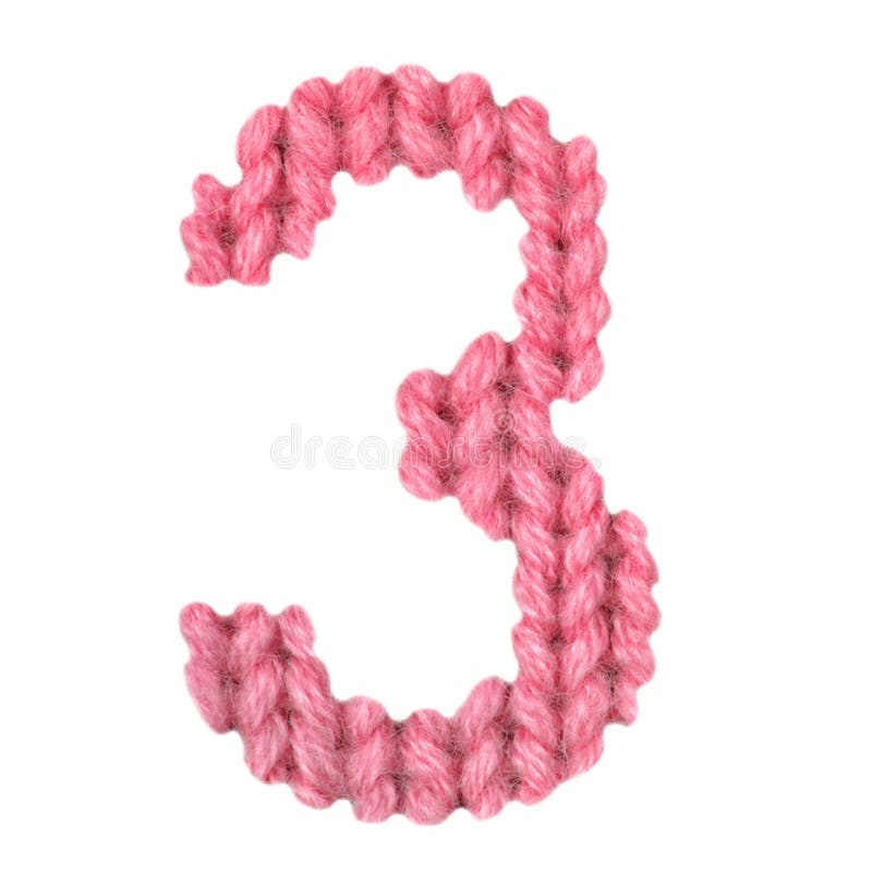 Number 3 three alphabet on a blurry texture knitted pattern of woolen thread closeup. One figure of the alphabet. Education and holidays. Typography design. Color red. Typography texture stock images, royalty-free photos and pictures