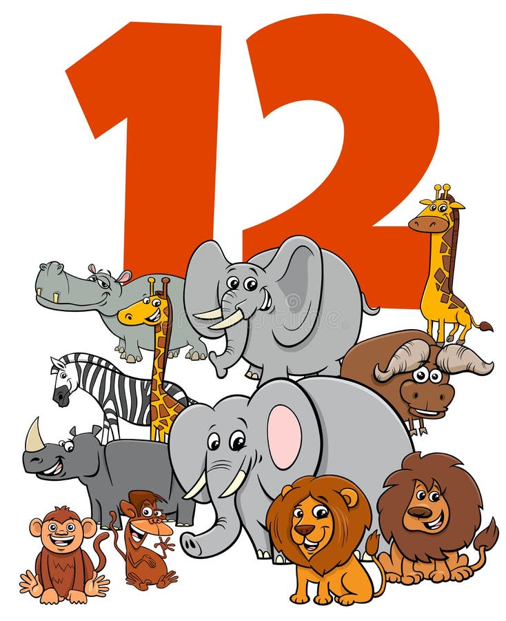 Number Twelve for Kids with Cartoon Animals Group Stock Vector