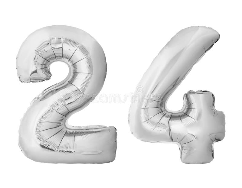Number 24 twenty four made of silver inflatable balloons isolated on white background