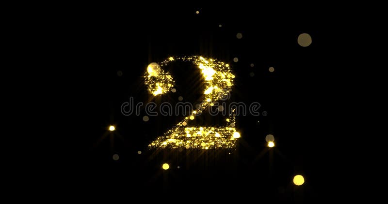 Number two glitter gold. Golden glittering number 2 with glister light and shiny sparks on black background