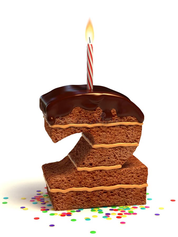 Number two shaped chocolate birthday cake with lit candle and confetti. Shaped gift illustrations