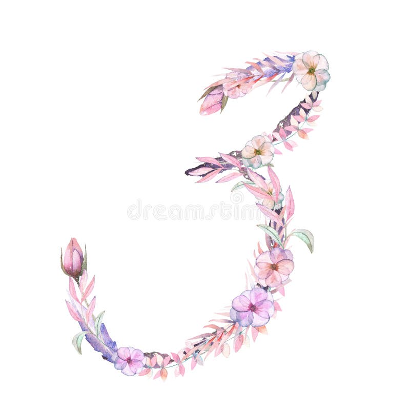 Number ``3`` of watercolor pink and purple flowers, hand drawn on a white background