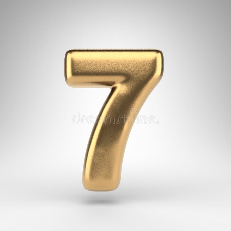 Number 7 on white background. Golden 3D number with gloss metal texture.