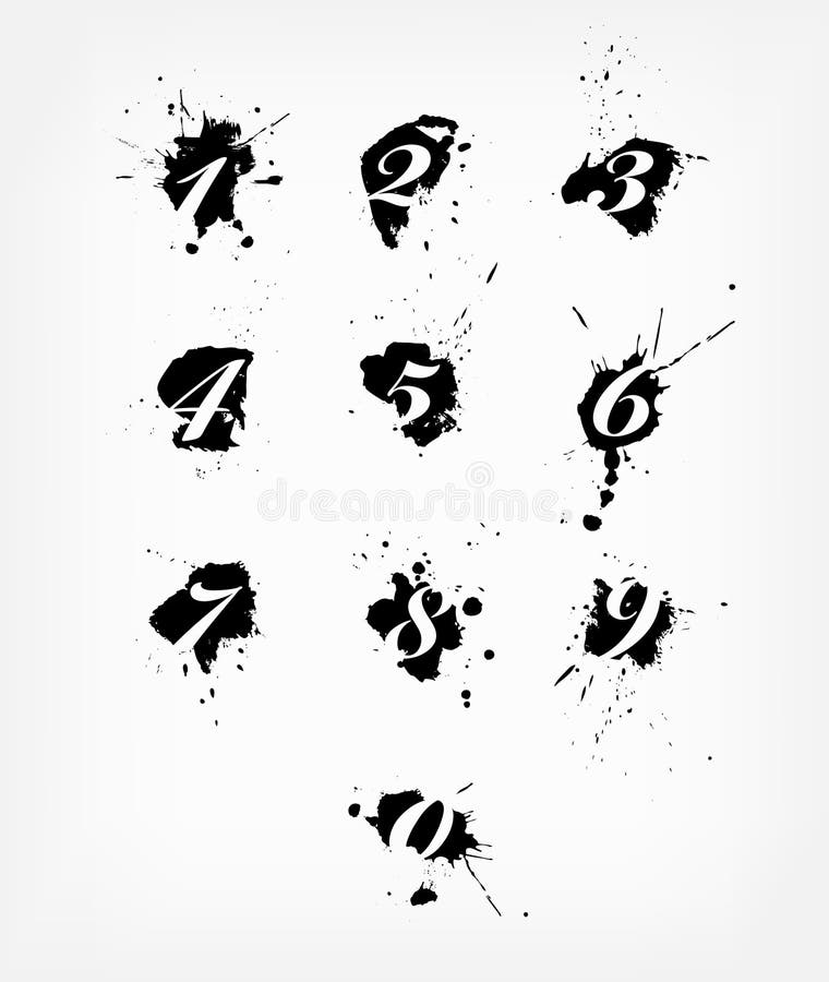 Vector numbers on black drops. Stencil font numbers vectors