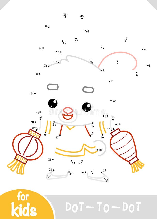Numbers game, education dot to dot game, Chinese new year character rabbit and lanterns vector illustration