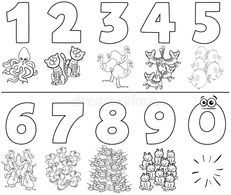 Numbers set with cartoon animals color book vector illustration Numbers set with cartoon animals color book vector illustration