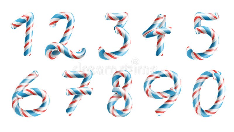 Numbers Sign Set Vector. 3D Numerals. Figures 1, 2, 3, 4, 5, 6, 7, 8, 9, 0. Christmas Colours. Red, Blue Striped