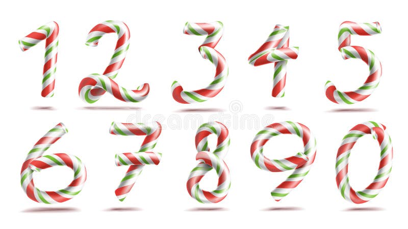 Numbers Sign Set Vector. 3D Numerals. Figures 1, 2, 3, 4, 5, 6, 7, 8, 9, 0. Christmas Colours. Red, Green Striped