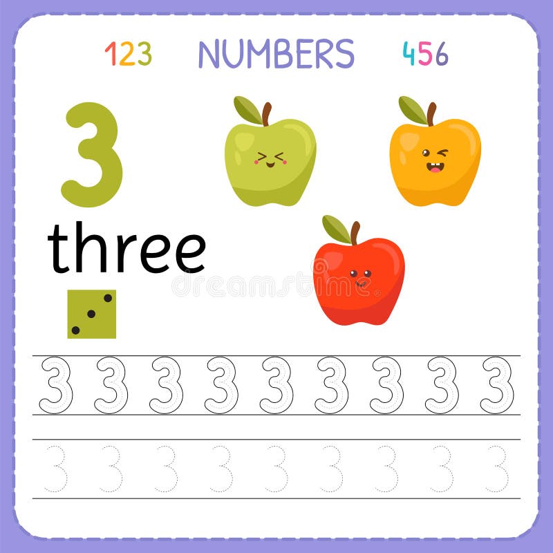 numbers tracing worksheet for preschool and kindergarten writing number three exercises for kids mathematics games stock vector illustration of child book 111670207