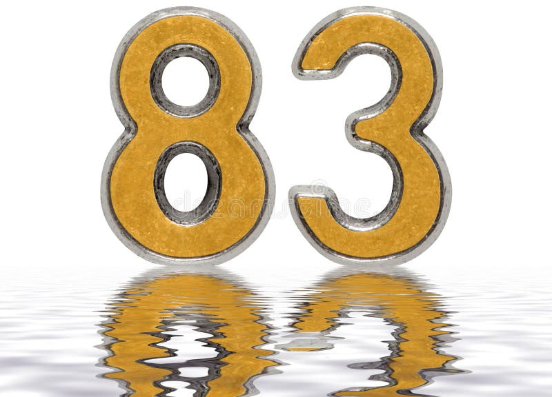 Numeral 83, eighty three, reflected on the water surface, isolated on white, 3d render