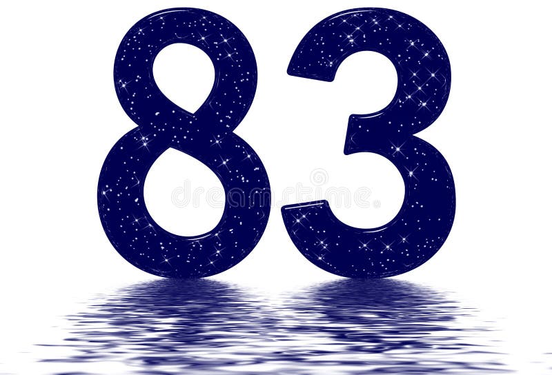 Numeral 83, eighty three, star sky texture imitation, reflected on the water surface, isolated on white, 3d render