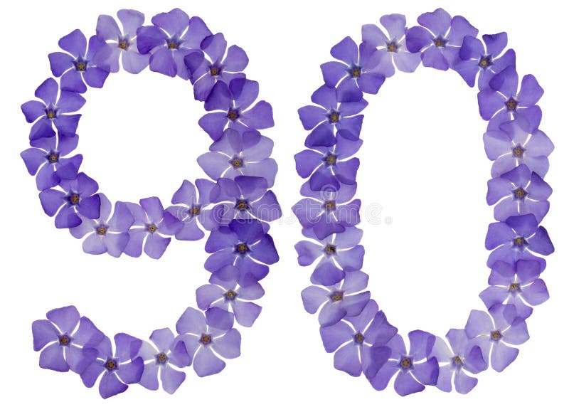 Numeral 90, ninety, from natural blue flowers of periwinkle, isolated on white background. Numeral 90, ninety, from natural blue flowers of periwinkle, isolated on white background