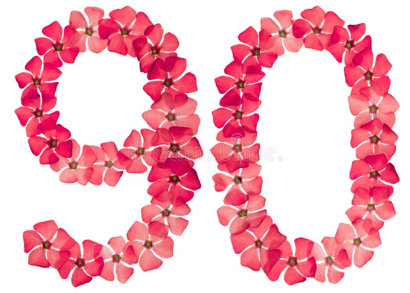 Numeral 90, ninety, from natural red flowers of periwinkle, isolated on white background. Numeral 90, ninety, from natural red flowers of periwinkle, isolated on white background.