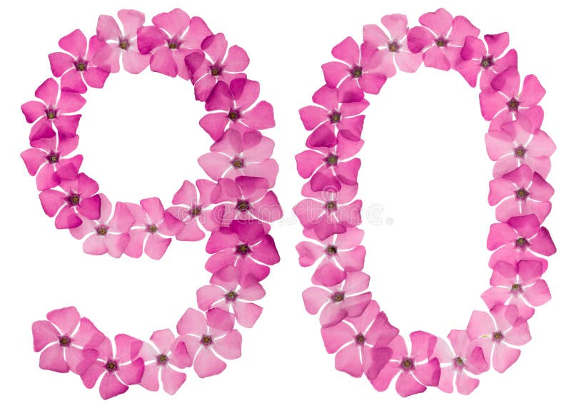 Numeral 90, ninety, from natural pink flowers of periwinkle, isolated on white background. Numeral 90, ninety, from natural pink flowers of periwinkle, isolated on white background