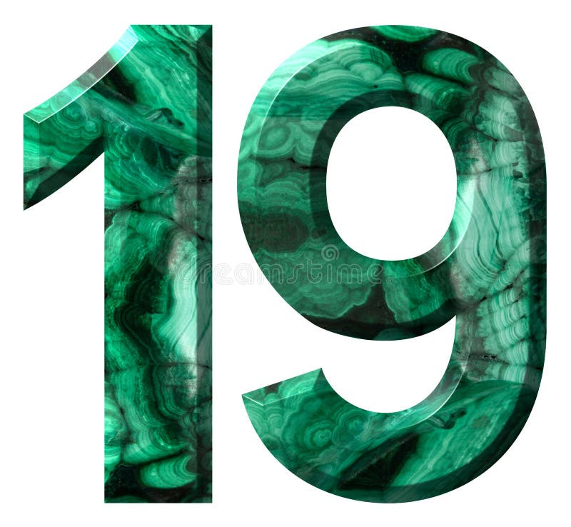 Numeral árabe 19, dezenove, da malaquite verde natural, isolada no fundo branco ilustração do vetor Numeral árabe 19, dezenove, da malaquite verde natural, isolada no fundo branco ilustração do vetor