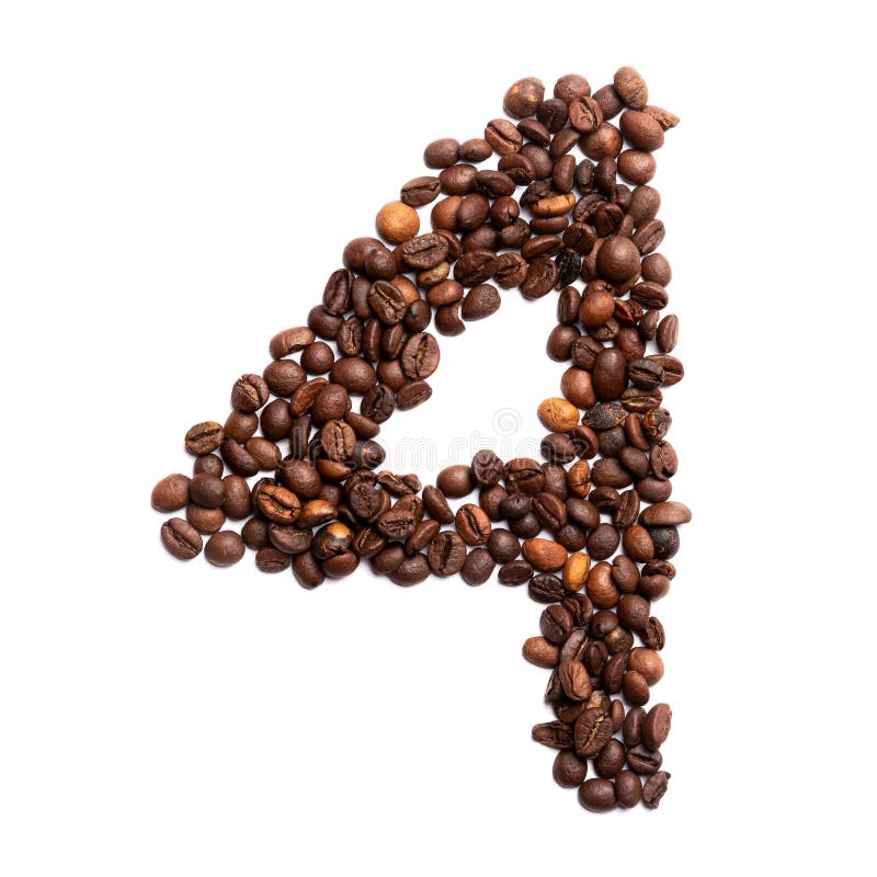 Arabic numeral `4` from freshly roasted cocoa beans on a white isolated background. coffee pattern made from coffee beans. Font for coffein, the concept of vivacity and culture of coffee. Arabic numeral `4` from freshly roasted cocoa beans on a white isolated background. coffee pattern made from coffee beans. Font for coffein, the concept of vivacity and culture of coffee