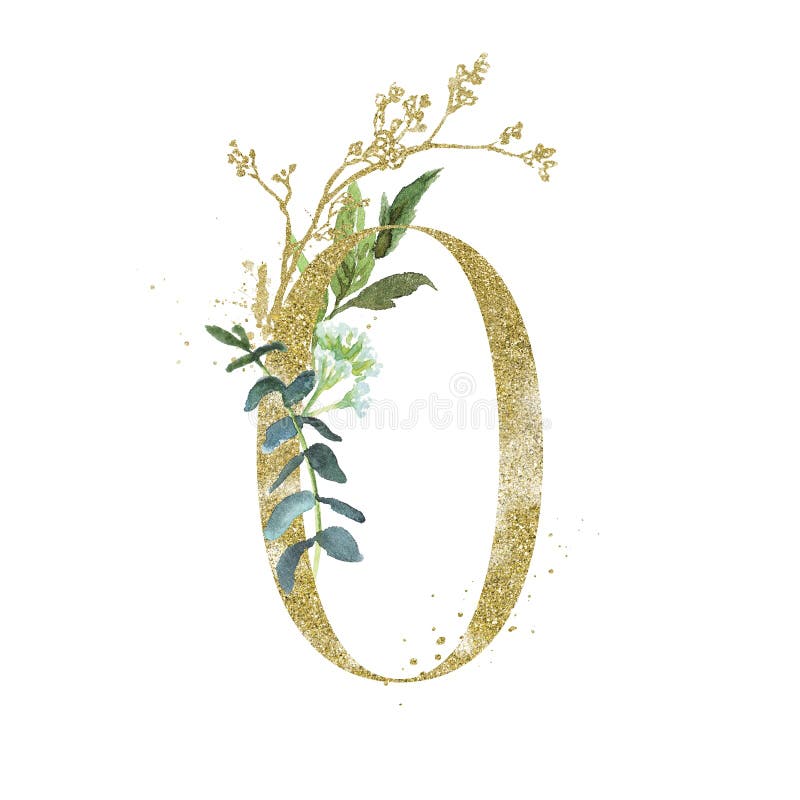 Numeri floreali d'oro - cifra 0 con composizione bouquet di diramazione botanica verde collezione unica per le decorazioni di inv