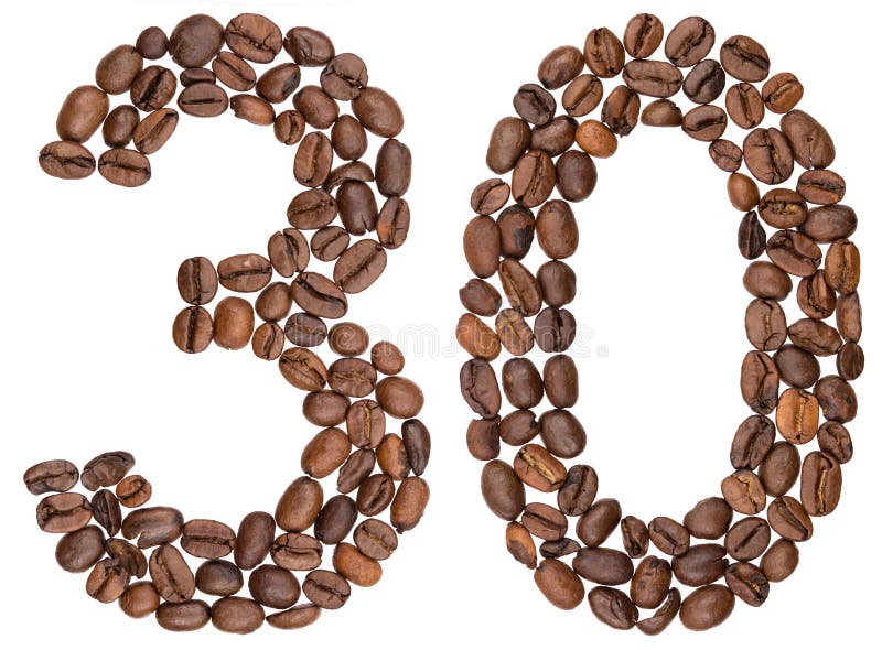Numero arabo 30, trenta, dai chicchi di caffè, isolati su bianco immagini stock libere da diritti Numero arabo 30, trenta, dai chicchi di caffè, isolati su bianco immagini stock libere da diritti