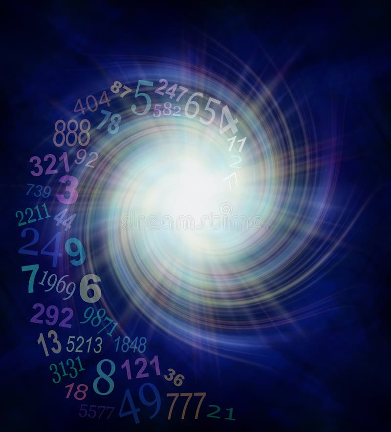 Random transparent spiraling numbers swirling outwards from the center of a white star burst on a dark blue and black background with plenty of copy space. Random transparent spiraling numbers swirling outwards from the center of a white star burst on a dark blue and black background with plenty of copy space