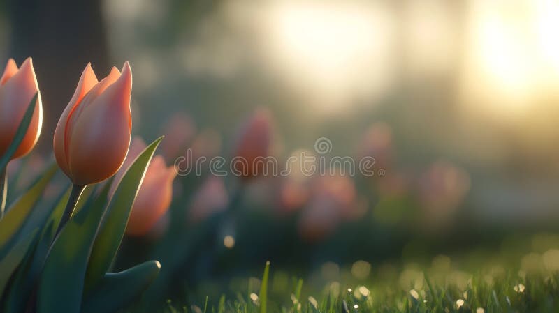 Numerous vivid peach tulips stand out in a garden flower bed, using selective focus stock photography