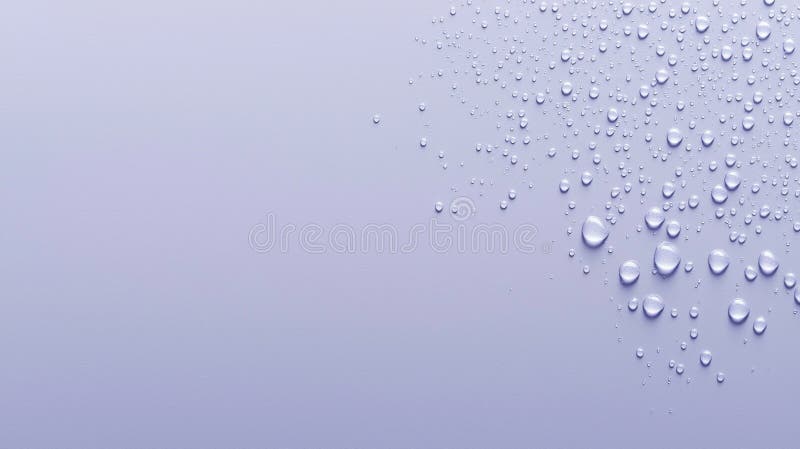 Numerous water droplets of varying sizes rest on a smooth, lavender surface, creating a visually appealing textural pattern with royalty free stock photos