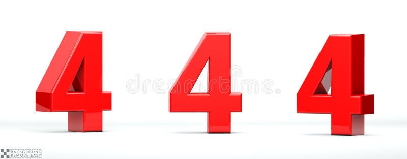 Number  4, of red color in 3 positions. 3d Render illustration at different angles: Front, right side,. Number  4, of red color in 3 positions. 3d Render illustration at different angles: Front, right side,