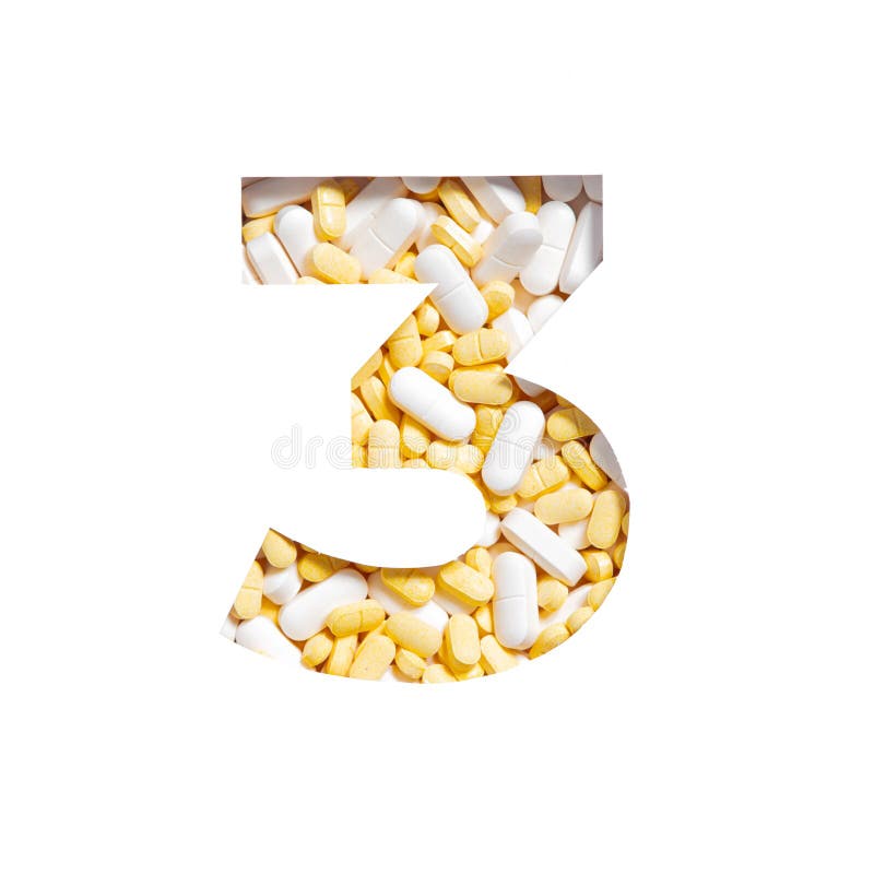 Number three made of pills and paper cut in shape of third numeral isolated on white. Pharmacy typeface. High quality photo. Number three made of pills and paper cut in shape of third numeral isolated on white. Pharmacy typeface. High quality photo