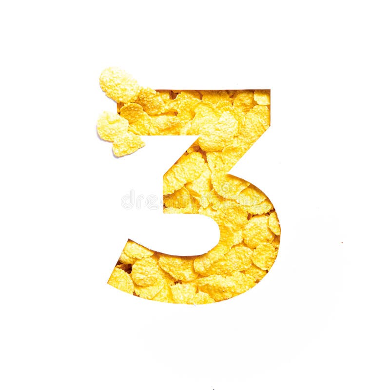 Number three made of corn flakes, paper cut in shape of third numeral isolated on white. Typeface for healthy food store. High quality photo. Number three made of corn flakes, paper cut in shape of third numeral isolated on white. Typeface for healthy food store. High quality photo