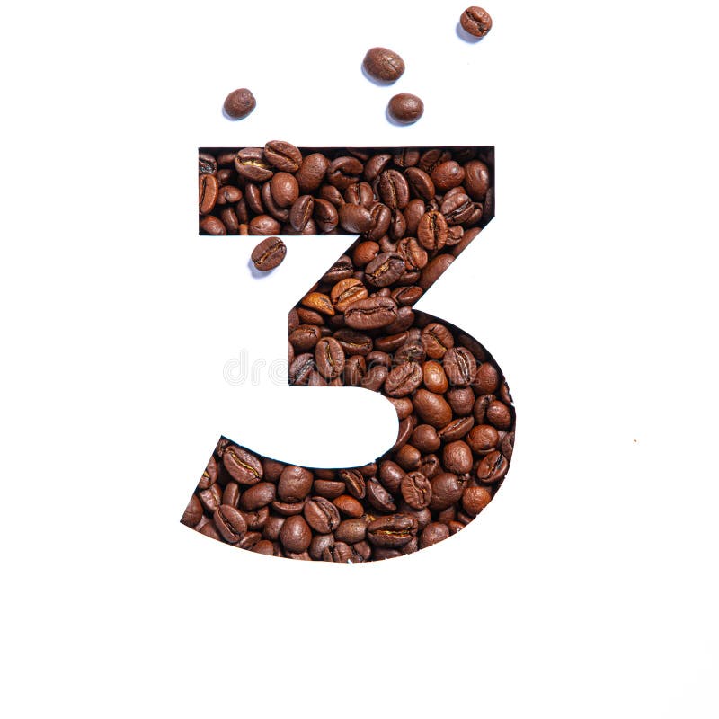 Number three made of coffee beans and paper cut in shape of third numeral isolated on white. High quality photo. Number three made of coffee beans and paper cut in shape of third numeral isolated on white. High quality photo