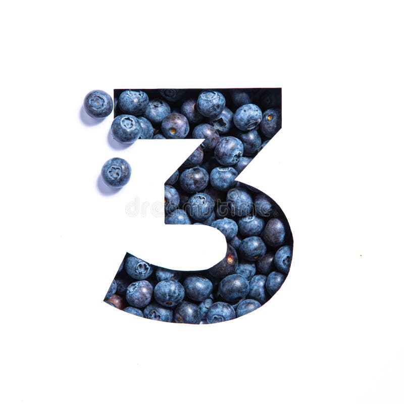 Number three of blueberries and paper cut in shape of third numeral isolated on white. Natural typeface of berries. High quality photo. Number three of blueberries and paper cut in shape of third numeral isolated on white. Natural typeface of berries. High quality photo