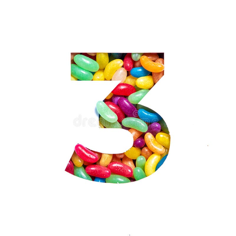 Number three of colourful candies jelly beans and paper cut in shape of third digit isolated on white. Festive typeface. High quality photo. Number three of colourful candies jelly beans and paper cut in shape of third digit isolated on white. Festive typeface. High quality photo