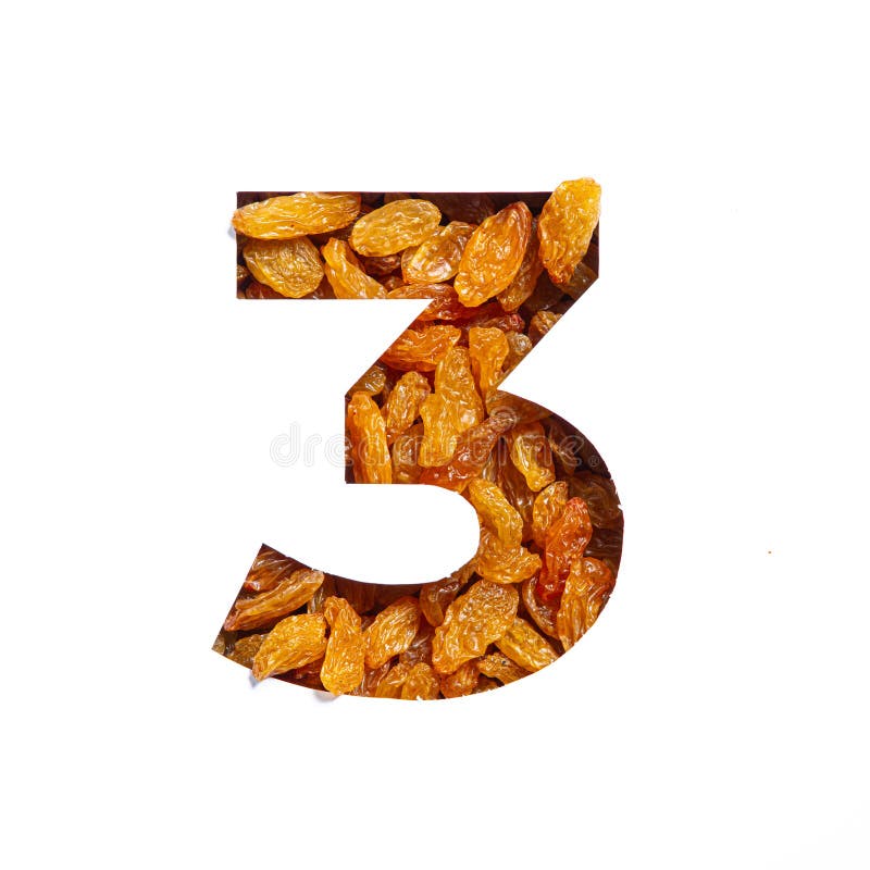 Number three of raisins and paper cut in shape of third numeral isolated on white. Natural typeface of dried berries. High quality photo. Number three of raisins and paper cut in shape of third numeral isolated on white. Natural typeface of dried berries. High quality photo