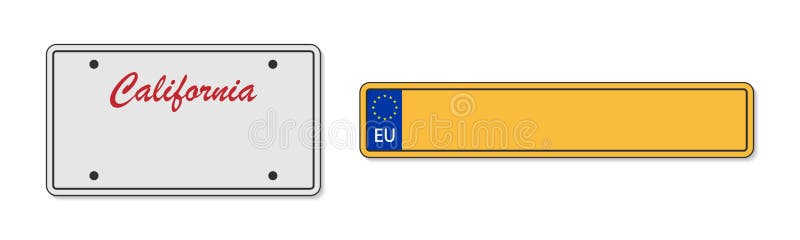 Nummernschild. Amerikanische und europäische Lizenz und Zulassung von Fahrzeugen. Zeichen für Kalifornien und europäische Lizenz. lizenzfreie abbildung