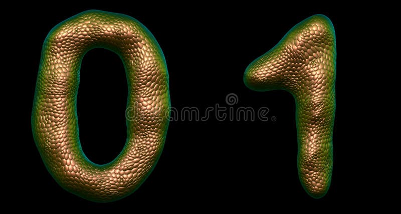 Nummeruppsättning 0, 1 gjord av realistisk 3d-återgivningsfärg för guld Symbol för samlingstyp för naturlig ormfumskal royaltyfri illustrationer