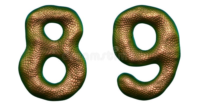 Nummeruppsättning 8, 9 som göras av realistisk 3d, framför guld- färg Samling av det naturliga symbolet f? r stil f? r textur f? r o vektor illustrationer