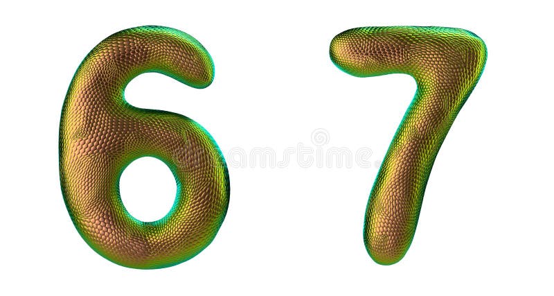 Nummeruppsättning 6, 7 tillverkade av realistisk 3d-återgivningsfärg för guld Symbol för typsnitt för naturlig ormskal stock illustrationer