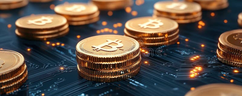 Or numérique Illustration de piles de pièces de couleur or avec un symbole représentant le concept de Bitcoin Cryptomonnaie. Pièces d'or empilées haut contre une carte de circuit numérique illustrent cryptomonnaie et innovation financière Ce visuel closeup incarne des concepts comme Bitcoin blockchain décentralisé finance et investissement Parfait pour un contexte financier il représente monnaie virtuelle et négociation dans l'ère numérique AI Génération