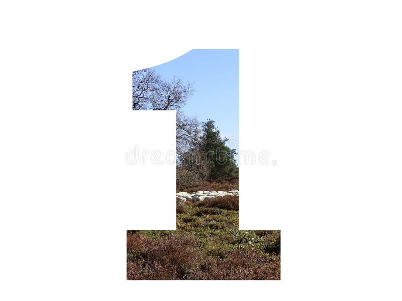 Number 1 of the alphabet made with a herd of sheep in the heather and a blue sky, with colors brown, white, beige, blue and green, isolated on a white background. Number 1 of the alphabet made with a herd of sheep in the heather and a blue sky, with colors brown, white, beige, blue and green, isolated on a white background