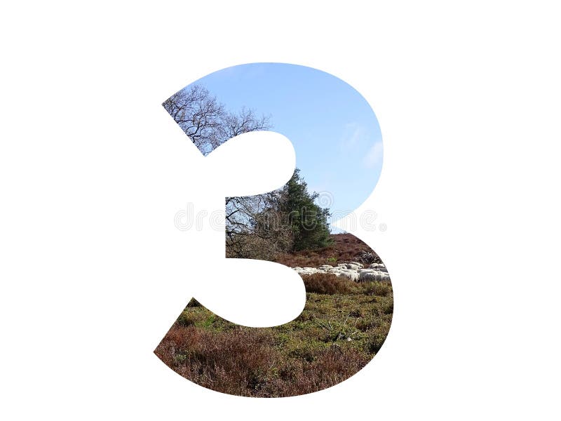 Number 3 of the alphabet made with a herd of sheep in the heather and a blue sky, with colors brown, white, beige, blue and green, isolated on a white background. Number 3 of the alphabet made with a herd of sheep in the heather and a blue sky, with colors brown, white, beige, blue and green, isolated on a white background