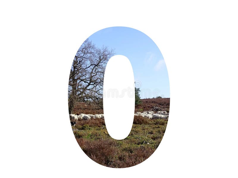 Number 0 of the alphabet made with a herd of sheep in the heather and a blue sky, with colors brown, white, beige, blue and green, isolated on a white background. Number 0 of the alphabet made with a herd of sheep in the heather and a blue sky, with colors brown, white, beige, blue and green, isolated on a white background