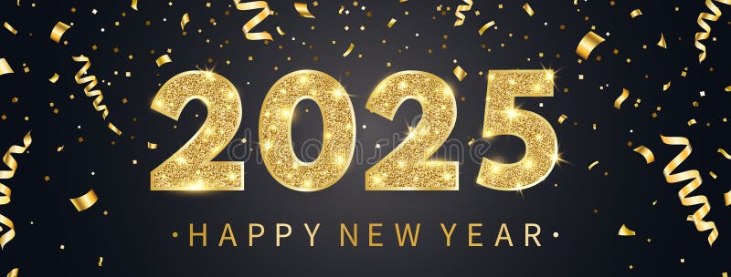 Numéro de lumière 2025 et confetti d'or. bonne carte de voeux pour le nouvel an. joyeux frontière de noël avec texte et décoration illustration de vecteur