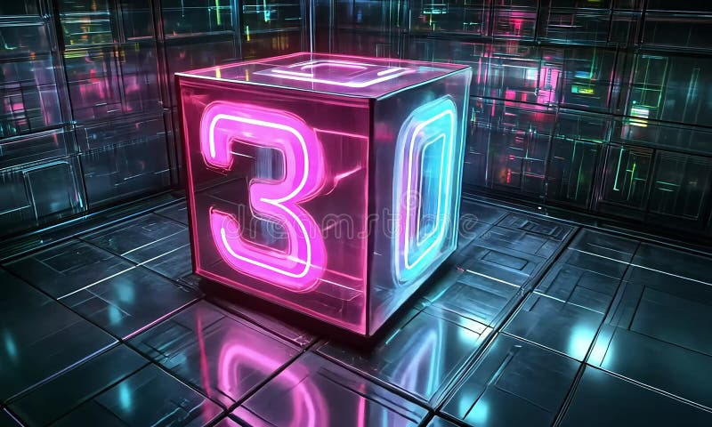 Numéro trois du néon dans un cube de verre illustration de vecteur