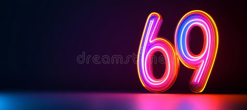 Numărul neon strălucitor șaizeci și nouă 69 pe fond întunecat cu spațiu de copiere 3d redare stock illustration