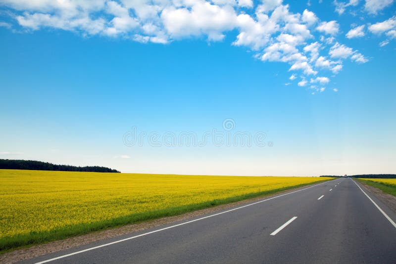 Nunca terminando a estrada através dos campos e do azul verdes foto de stock Nunca terminando a estrada através dos campos e do azul verdes foto de stock