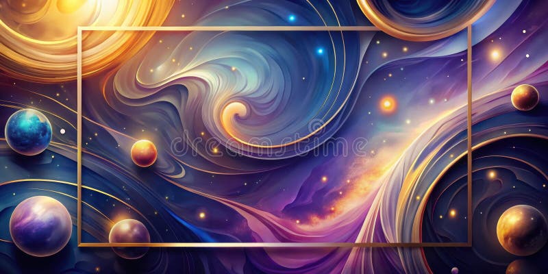 Nuotatore cosmico una rappresentazione astratta dei corpi celesti e delle nebulose galattiche all'interno di una cornice dorata. illustrazione vettoriale