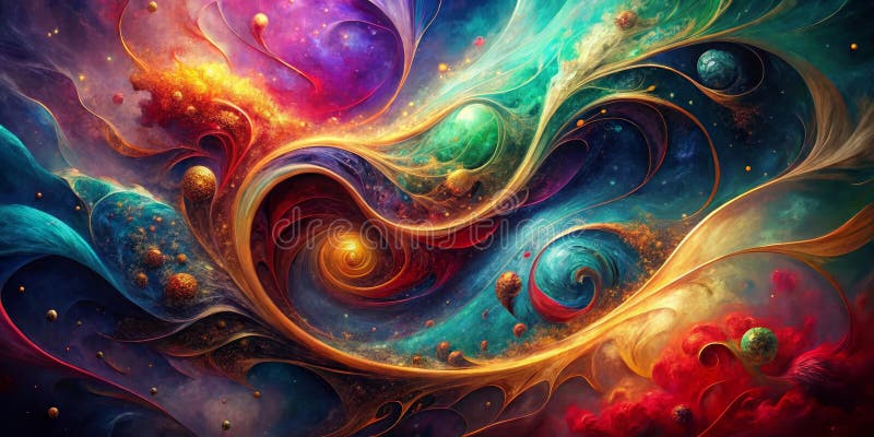 Nuotatori cosmici e corpi celesti in tonde vibranti un'opera d'arte fantasy con nebulose e tendine d'oro. Generativo illustrazione di stock