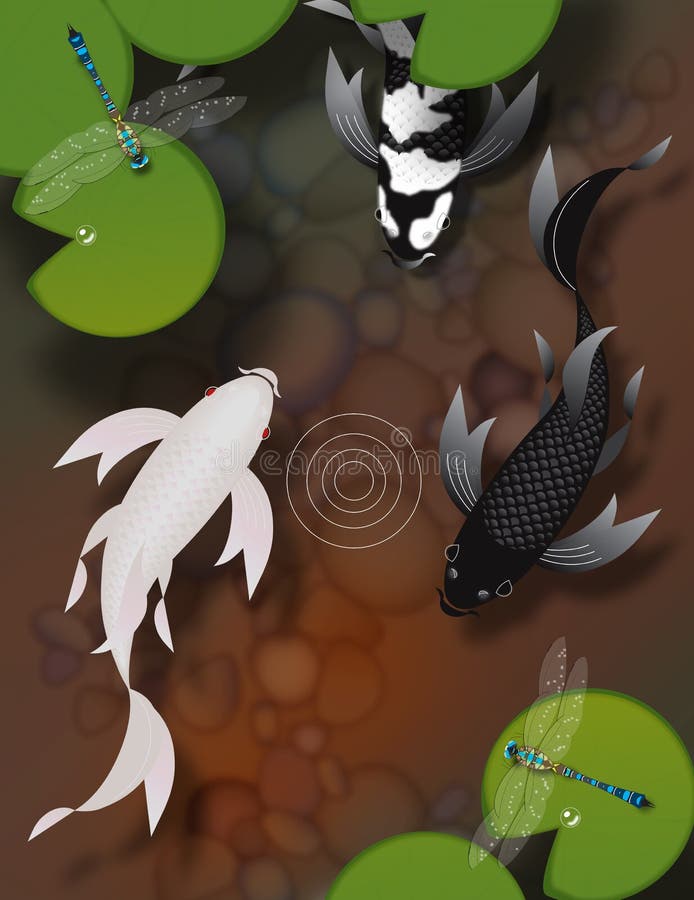 Nuoto del pesce di koi della farfalla nello stagno con le libellule ed i travertini royalty illustrazione gratis