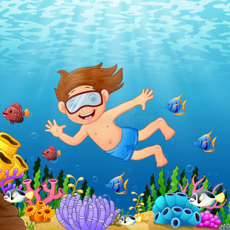 Nuoto del ragazzo del fumetto nel mare con il pesce illustrazione di stock Nuoto del ragazzo del fumetto nel mare con il pesce illustrazione di stock